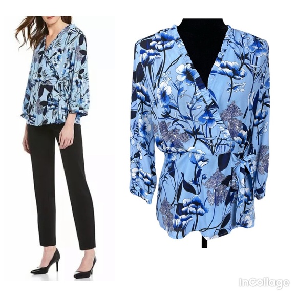 NWT KARL LAGERFELD Blue Floral Wrap 3/4 Sleeve Top - Picture 1 of 16